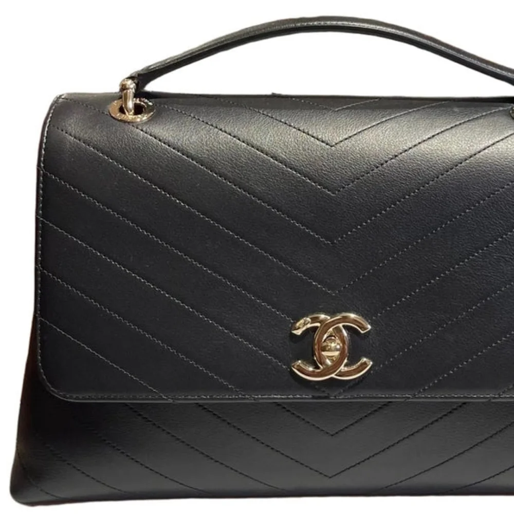 RARE! Authentic! Chanel CC Coco Top Handle Calfskin Quilted Chevron Leather Flap - Picture 3 of 15